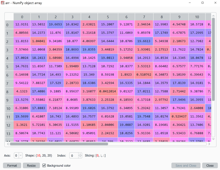 Spyder Variable Explorer of 3D numpy array